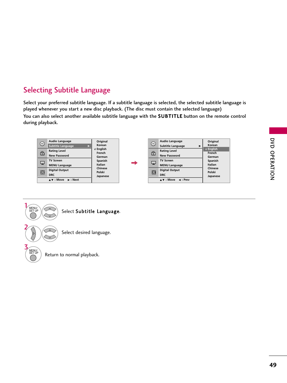 Selecting subtitle language, Dv d oper at ion, Return to normal playback | LG 32LG40-UA User Manual | Page 51 / 136