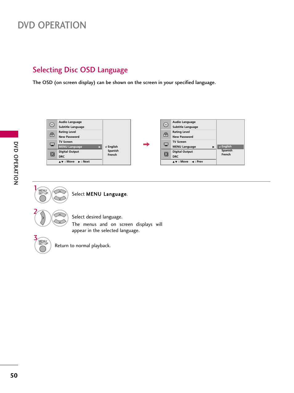 Selecting disc osd language, Dvd operation, Dv d oper at ion | Return to normal playback | LG 32LG40-UA User Manual | Page 52 / 136