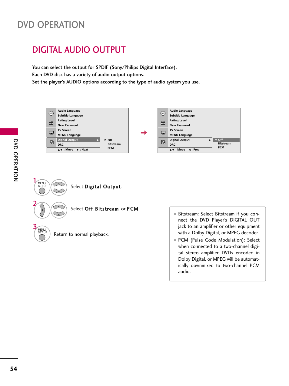 Digital audio output, Dvd operation, Dv d oper at ion | Return to normal playback | LG 32LG40-UA User Manual | Page 56 / 136