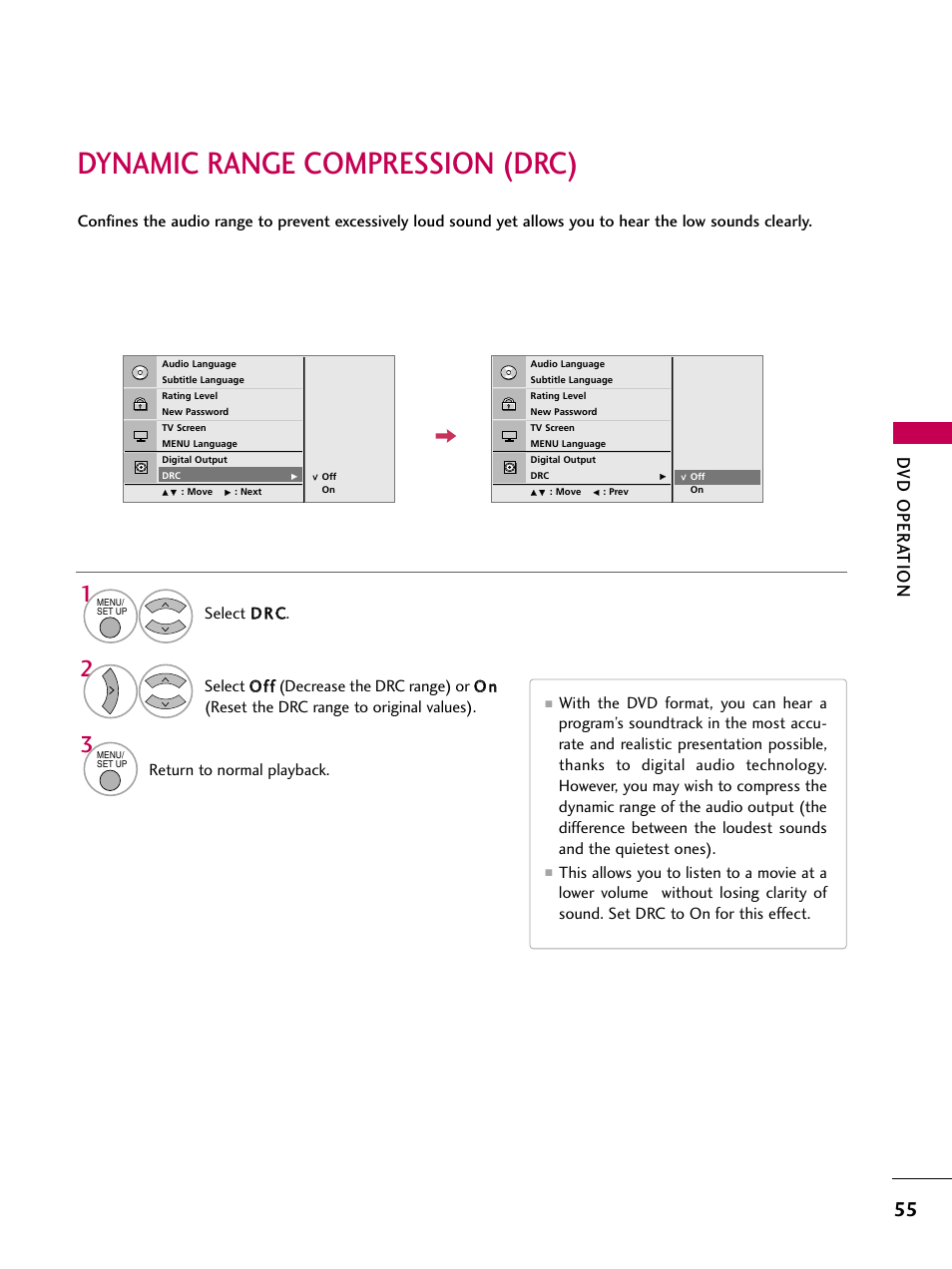 Dynamic range compression (drc), Dv d oper at ion, Return to normal playback | LG 32LG40-UA User Manual | Page 57 / 136