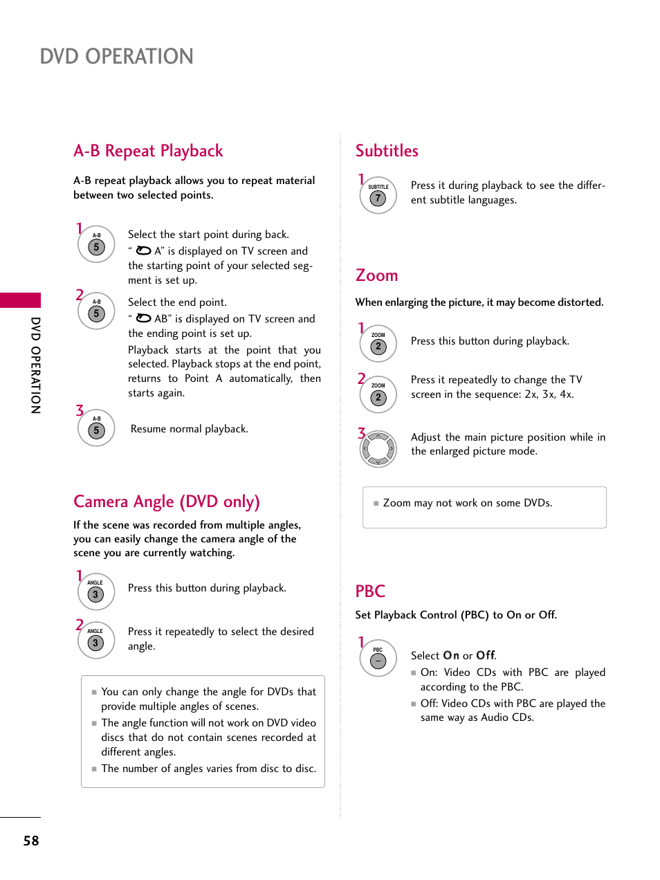 Dvd operation, A-b repeat playback, Camera angle (dvd only) subtitles | Zoom | LG 32LG40-UA User Manual | Page 60 / 136