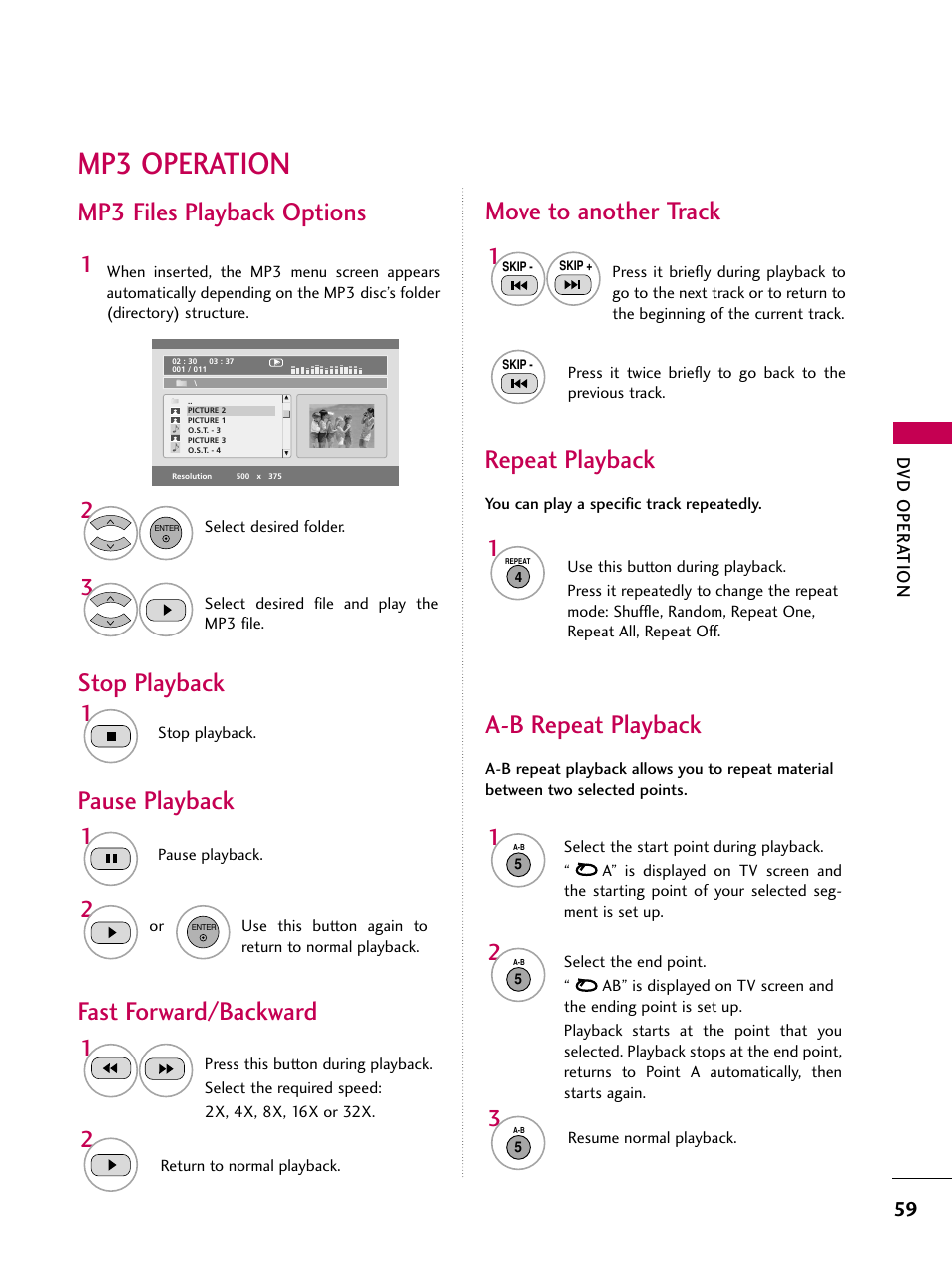 Mp3 operation, Mp3 files playback options, Stop playback pause playback | Move to another track, Repeat playback fast forward/backward, A-b repeat playback | LG 32LG40-UA User Manual | Page 61 / 136