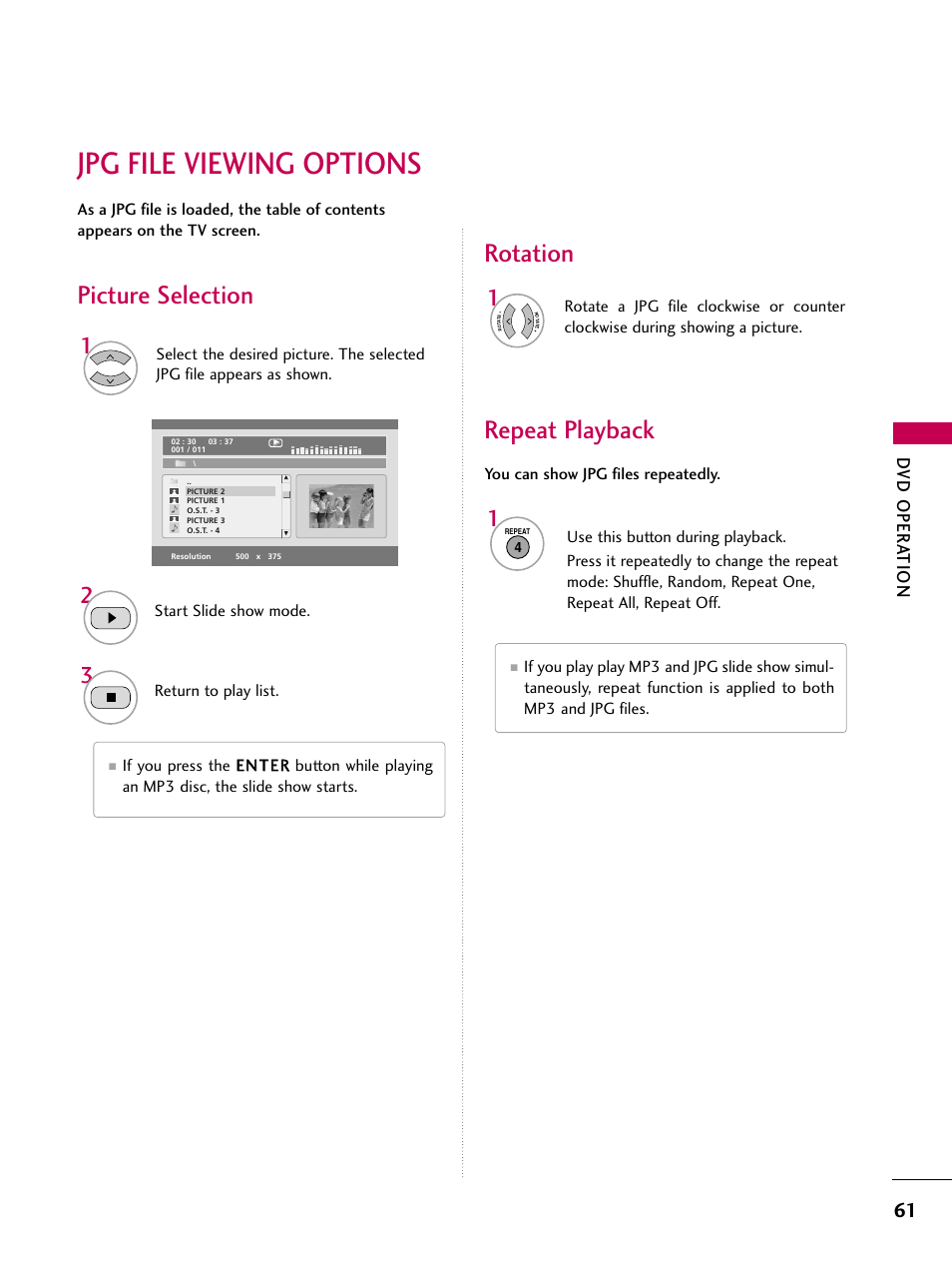 Jpg file viewing options, Picture selection rotation, Repeat playback | Dv d oper at ion | LG 32LG40-UA User Manual | Page 63 / 136