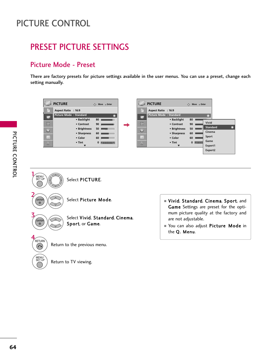 Preset picture settings, Picture mode - preset, Picture control | Picture contr ol | LG 32LG40-UA User Manual | Page 66 / 136