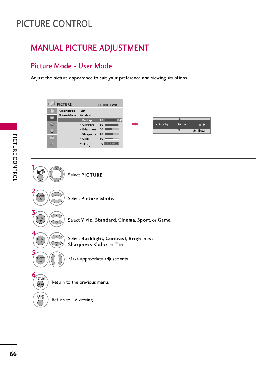 Manual picture adjustment, Picture mode - user mode, Picture control | Picture contr ol | LG 32LG40-UA User Manual | Page 68 / 136