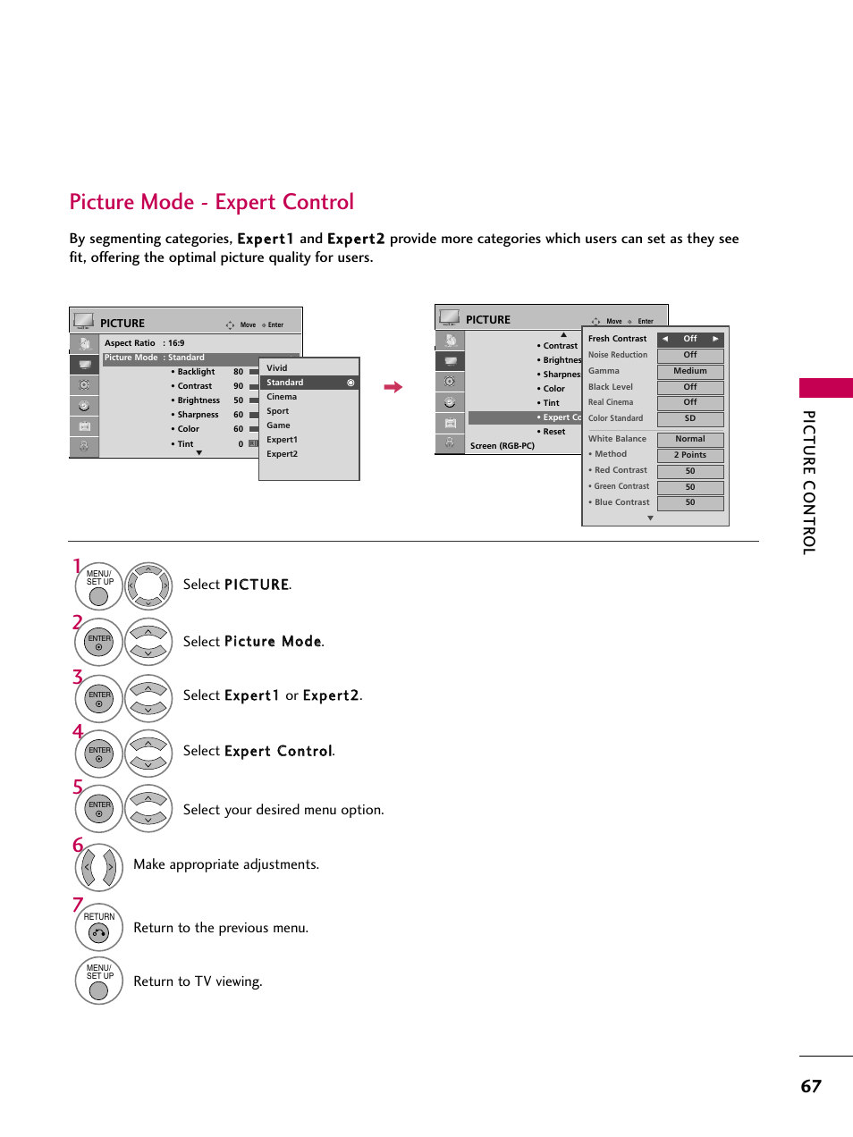 Picture mode - expert control, Picture contr ol, Make appropriate adjustments | Return to the previous menu, Return to tv viewing | LG 32LG40-UA User Manual | Page 69 / 136