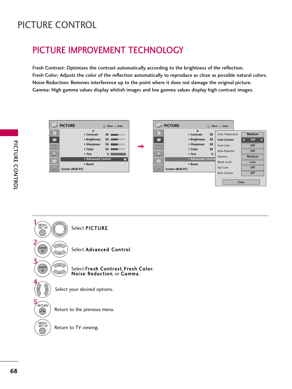 Picture improvement technology, Picture control, Picture contr ol | Return to the previous menu, Return to tv viewing. select your desired options | LG 32LG40-UA User Manual | Page 70 / 136