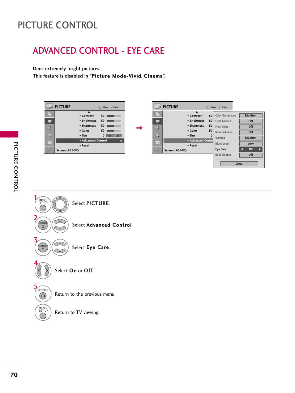 Advanced control - eye care, Picture control, Picture contr ol | Select o o nn or o o ff ff, Return to the previous menu, Return to tv viewing | LG 32LG40-UA User Manual | Page 72 / 136