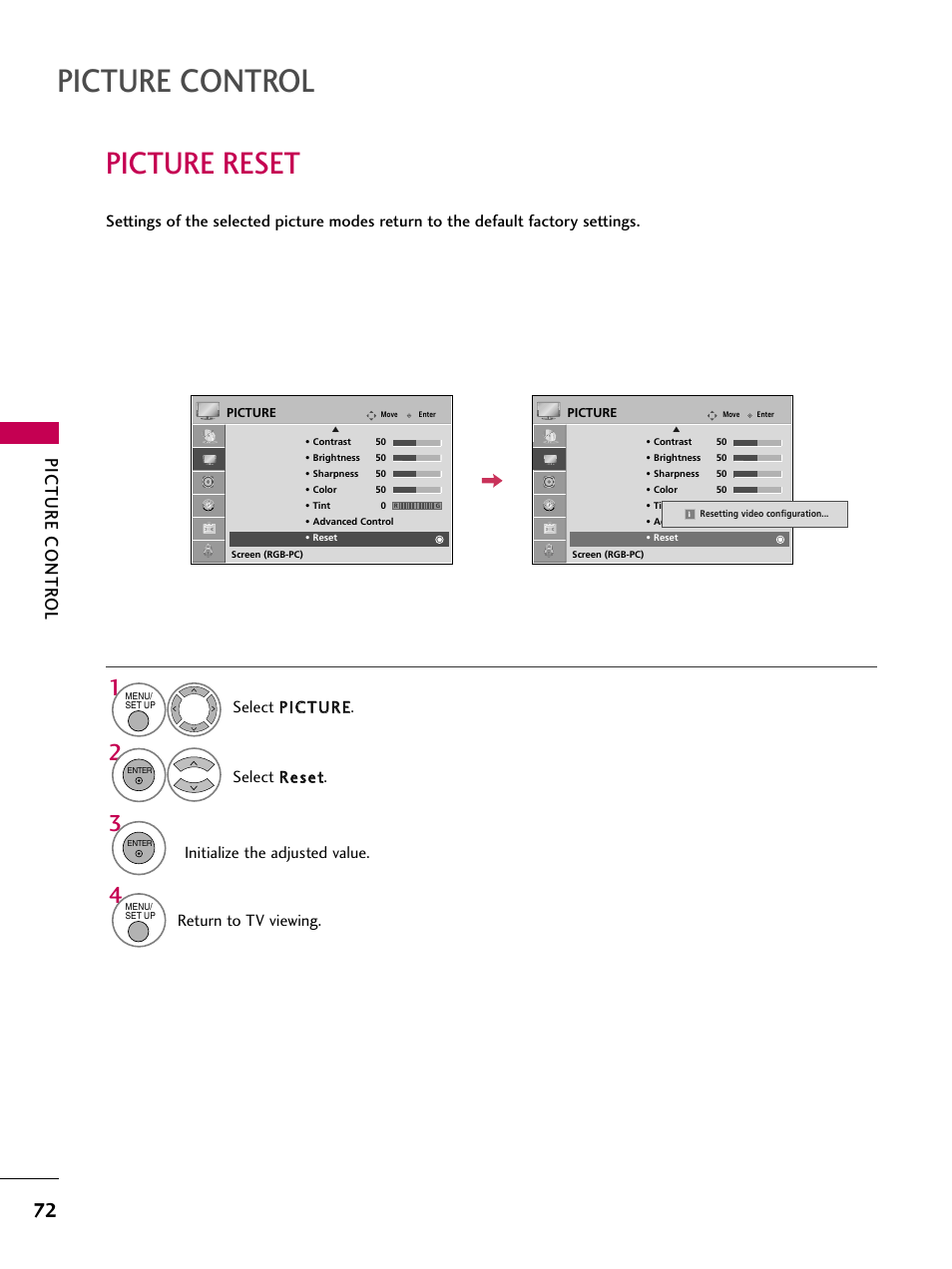 Picture reset, Picture control, Picture contr ol | Return to tv viewing | LG 32LG40-UA User Manual | Page 74 / 136