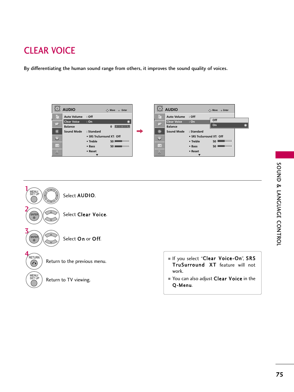 Clear voice, Sound & langu a ge contr ol | LG 32LG40-UA User Manual | Page 77 / 136