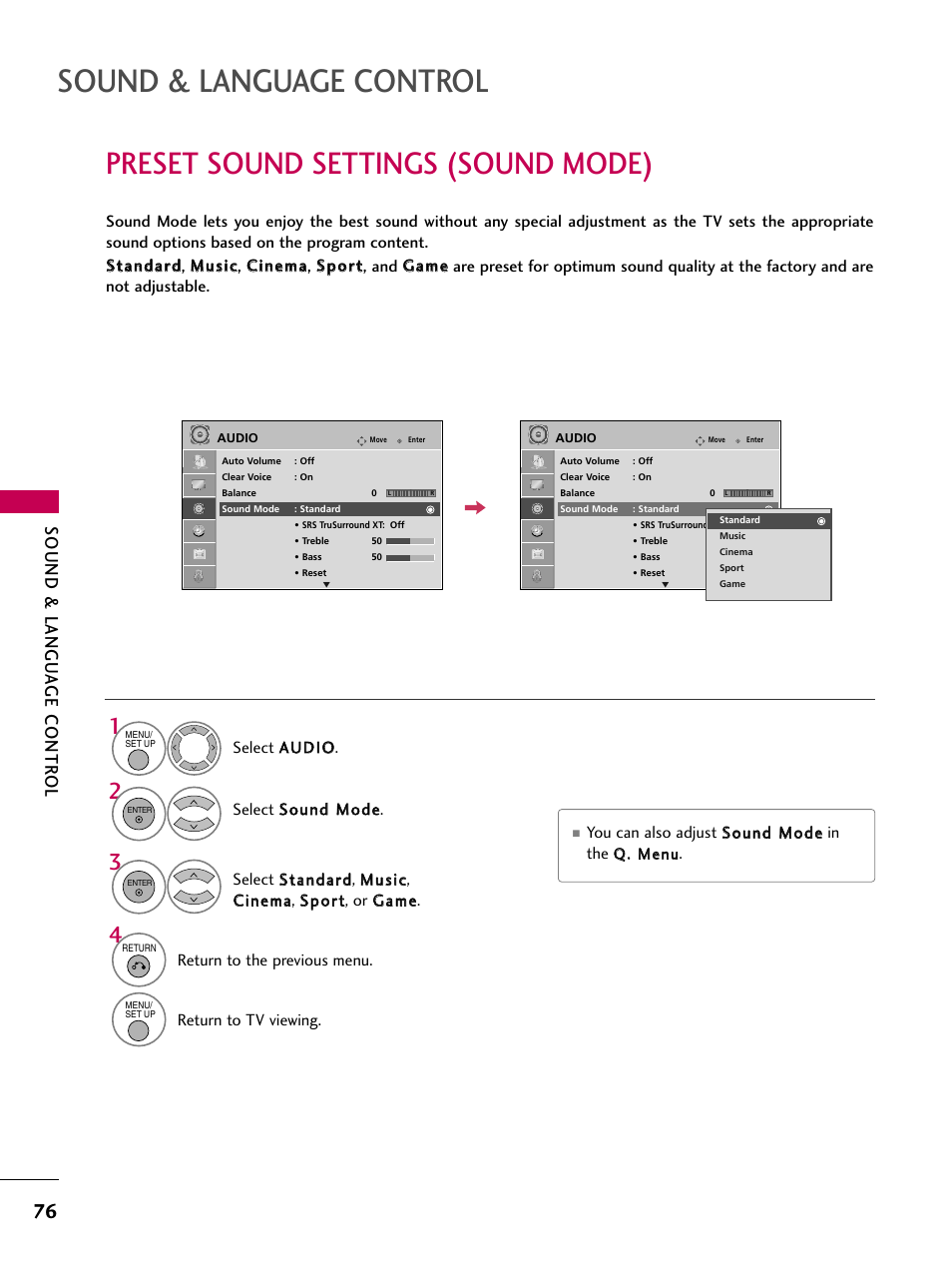 Preset sound settings (sound mode), Sound & language control, Sound & langu a ge contr ol | LG 32LG40-UA User Manual | Page 78 / 136