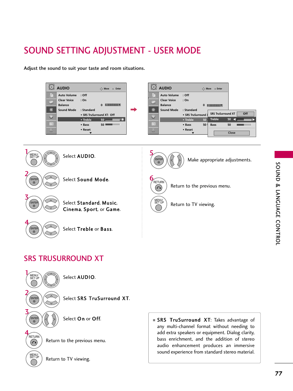 Sound setting adjustment - user mode, Srs trusurround xt, Sound & langu a ge contr ol | LG 32LG40-UA User Manual | Page 79 / 136