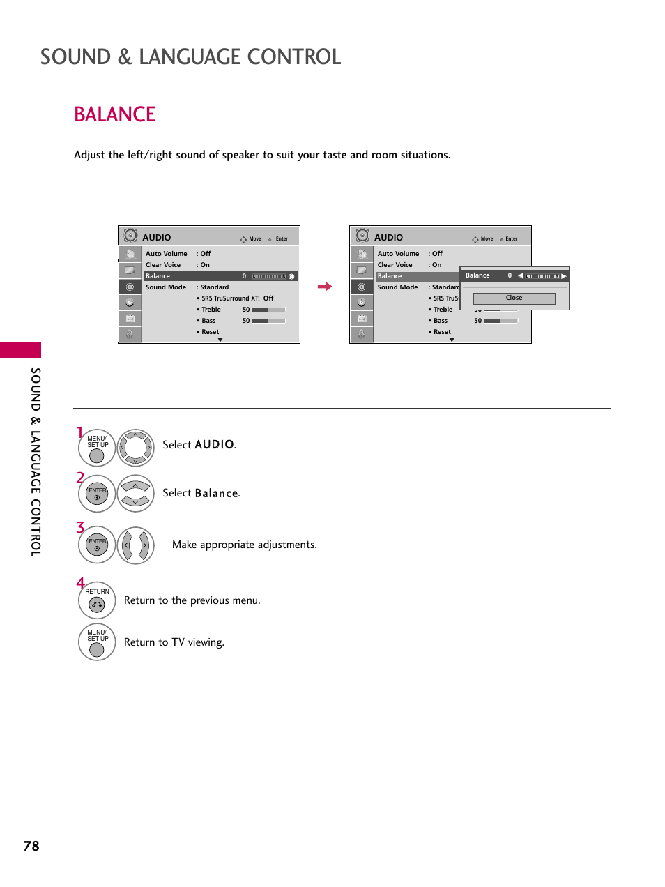 Balance, Sound & language control, Sound & langu a ge contr ol | Return to the previous menu, Return to tv viewing | LG 32LG40-UA User Manual | Page 80 / 136