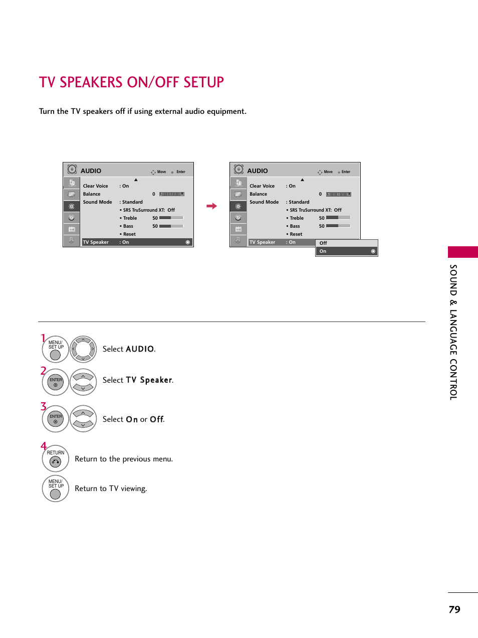 Tv speakers on/off setup, Sound & langu a ge contr ol, Return to the previous menu | Return to tv viewing | LG 32LG40-UA User Manual | Page 81 / 136