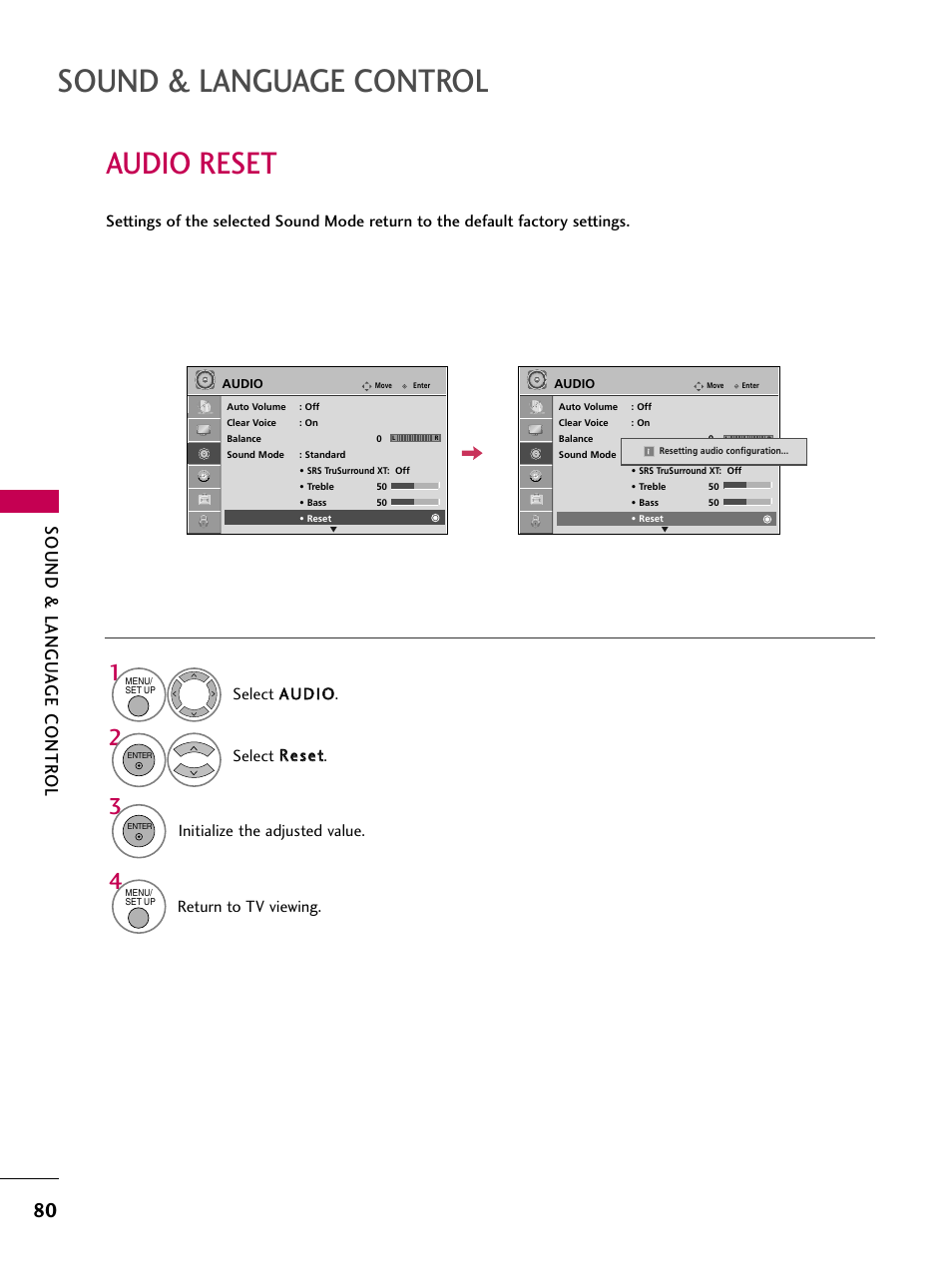 Audio reset, Sound & language control, Sound & langu a ge contr ol | Initialize the adjusted value, Return to tv viewing | LG 32LG40-UA User Manual | Page 82 / 136