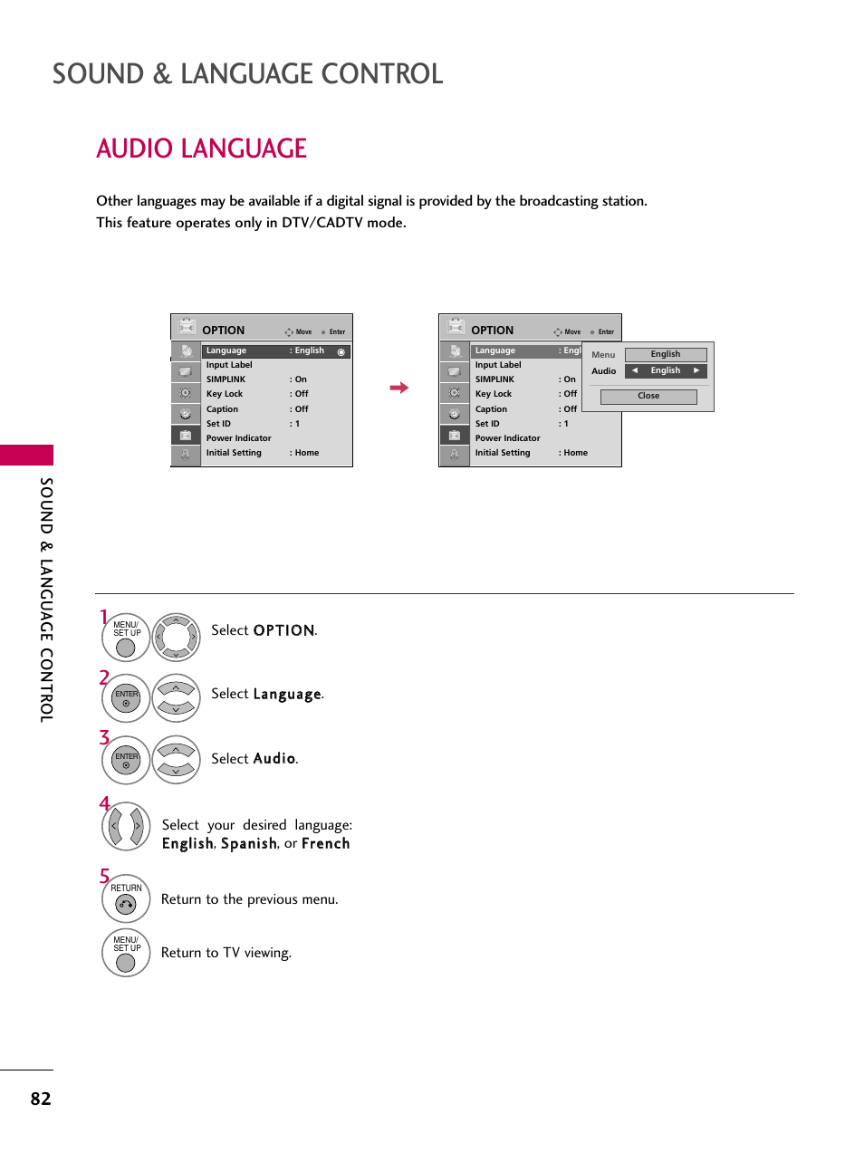 Audio language, Sound & language control, Sound & langu a ge contr ol | LG 32LG40-UA User Manual | Page 84 / 136