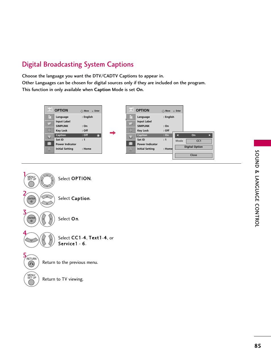 Digital broadcasting system captions, Sound & langu a ge contr ol | LG 32LG40-UA User Manual | Page 87 / 136