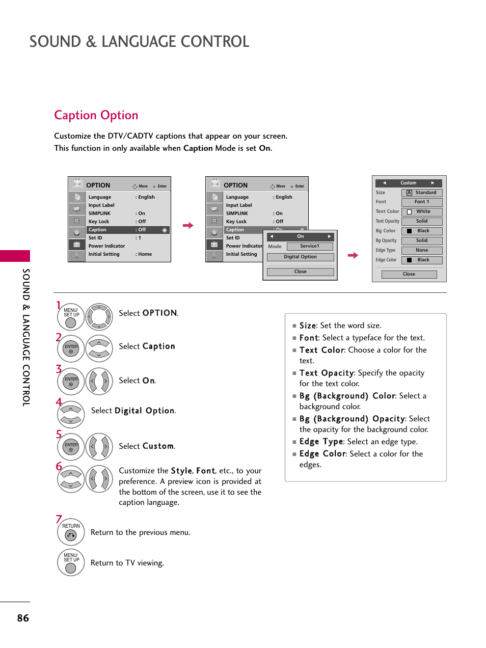 Caption option, Sound & language control, Sound & langu a ge contr ol | LG 32LG40-UA User Manual | Page 88 / 136