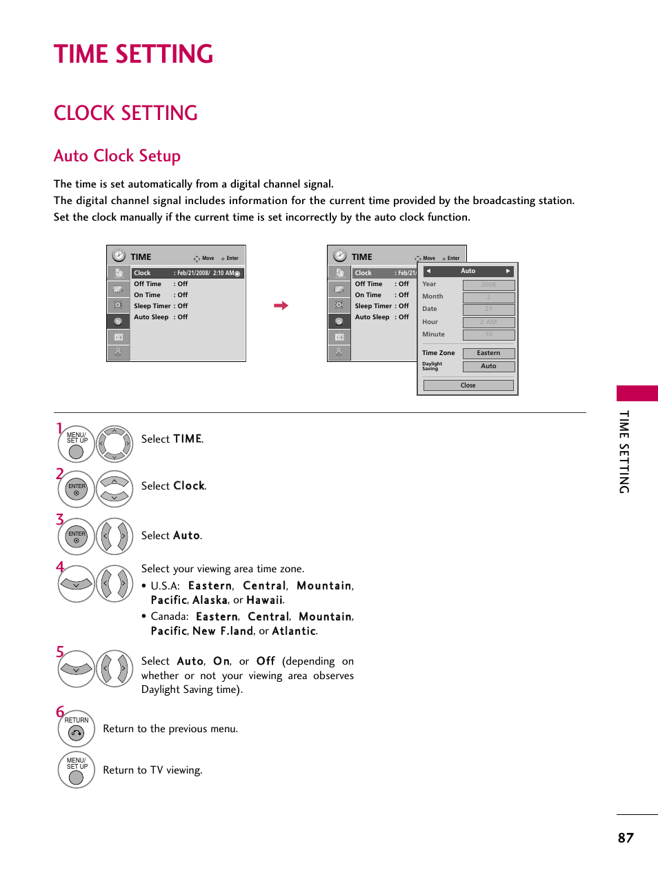 Time setting, Clock setting, Auto clock setup | LG 32LG40-UA User Manual | Page 89 / 136