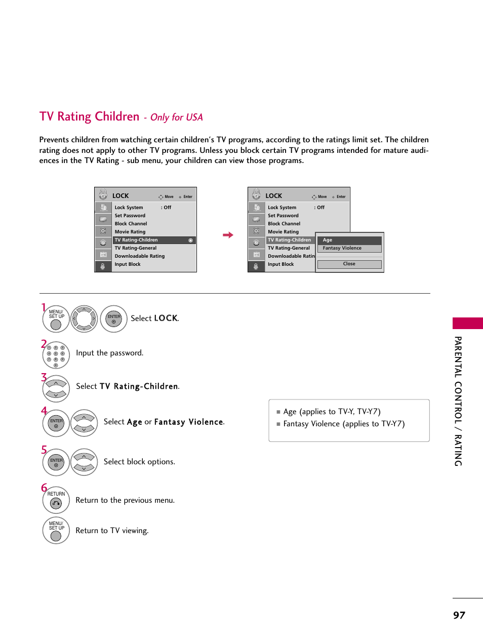 Tv rating children - only for usa, Tv rating children, Only for usa | Parent al contr ol / r ating | LG 32LG40-UA User Manual | Page 99 / 136