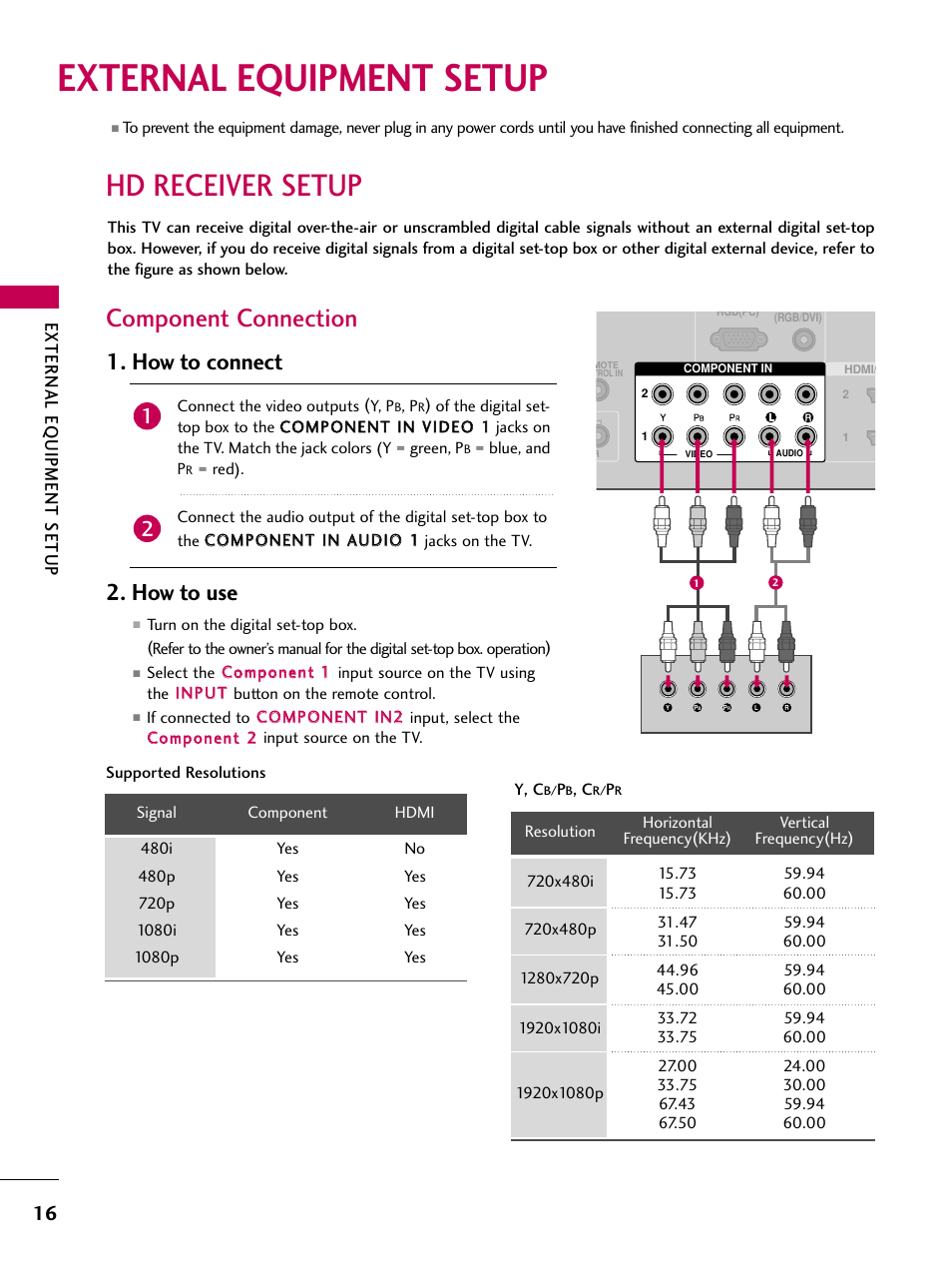 External equipment setup, Hd receiver setup, Component connection | How to connect, How to use, External eq uipment setup | LG Z50PG10-UA User Manual | Page 18 / 100