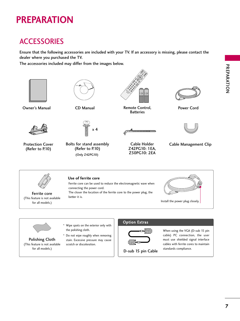 Preparation, Accessories, Prep ar ation | Cd manual, Polishing cloth, D-sub 15 pin cable, Use of ferrite core, Ferrite core, Pa g e | LG Z50PG10-UA User Manual | Page 9 / 100