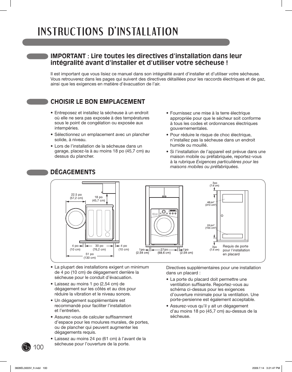 Choisir le bon emplacement, Dégagements | LG DLGX2502W User Manual | Page 100 / 134