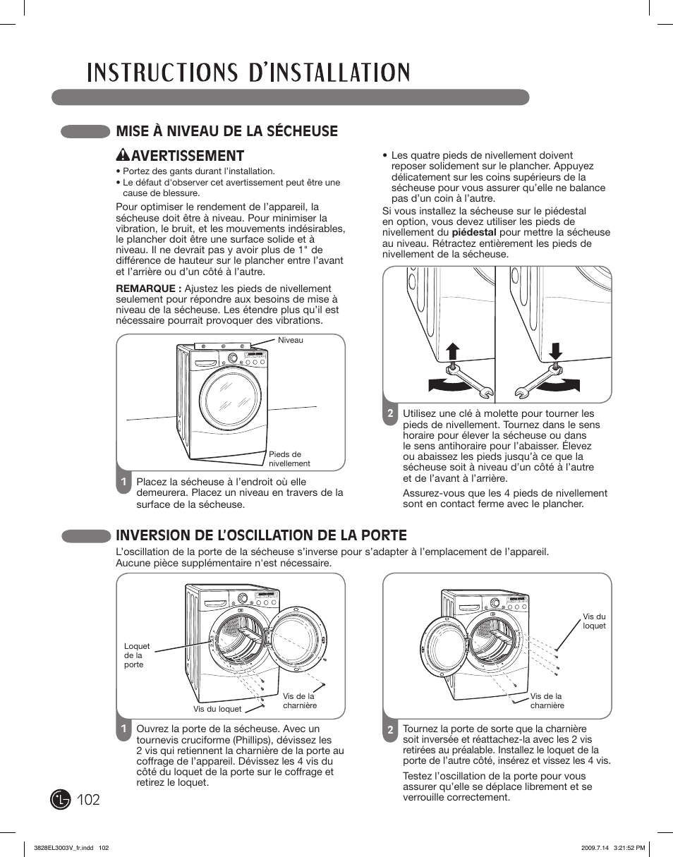 Mise à niveau de la sécheuse, Inversion de l’oscillation de la porte, Avertissement | LG DLGX2502W User Manual | Page 102 / 134