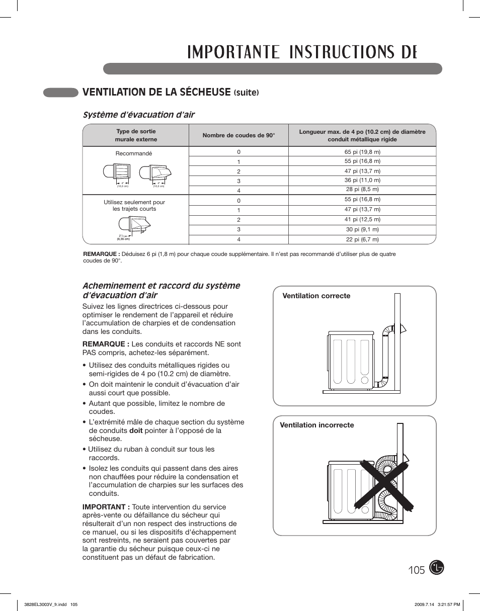 Ventilation de la sécheuse, Système d’évacuation d’air | LG DLGX2502W User Manual | Page 105 / 134