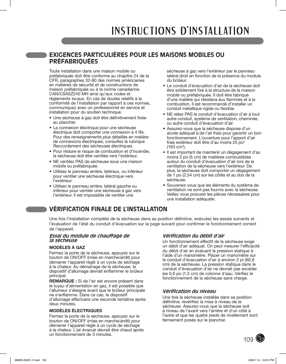 Vérification finale de l’installation | LG DLGX2502W User Manual | Page 109 / 134