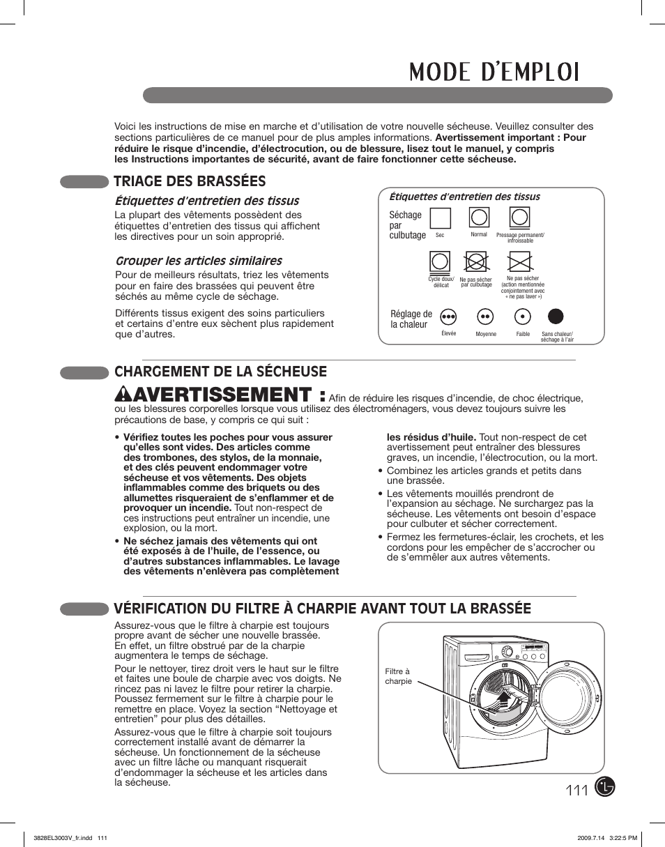 Wavertissement, Chargement de la sécheuse, Triage des brassées | LG DLGX2502W User Manual | Page 111 / 134