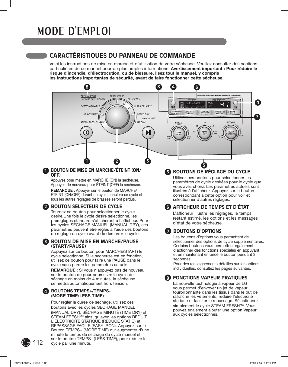Caractéristiques du panneau de commande | LG DLGX2502W User Manual | Page 112 / 134