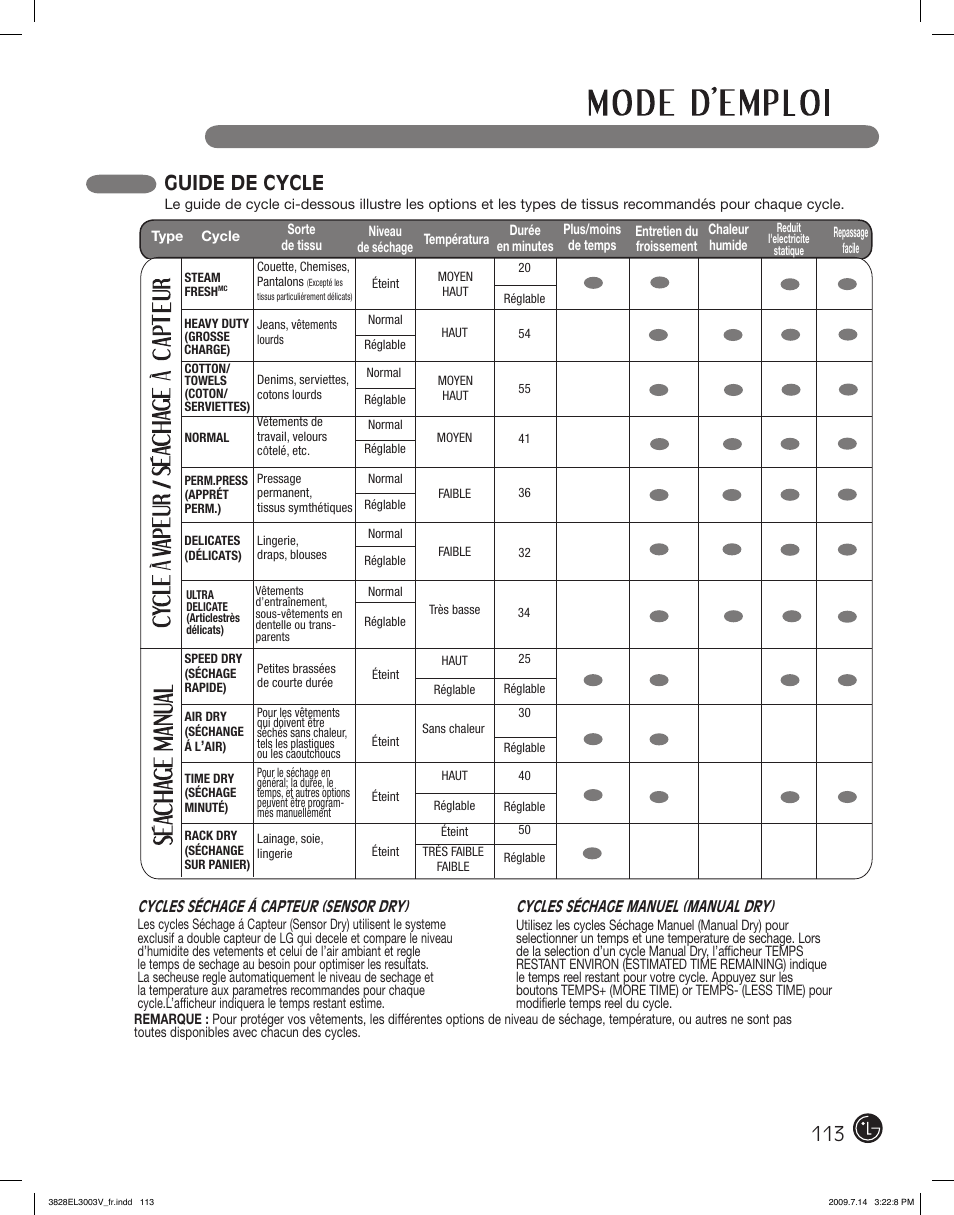 Guide de cycle | LG DLGX2502W User Manual | Page 113 / 134