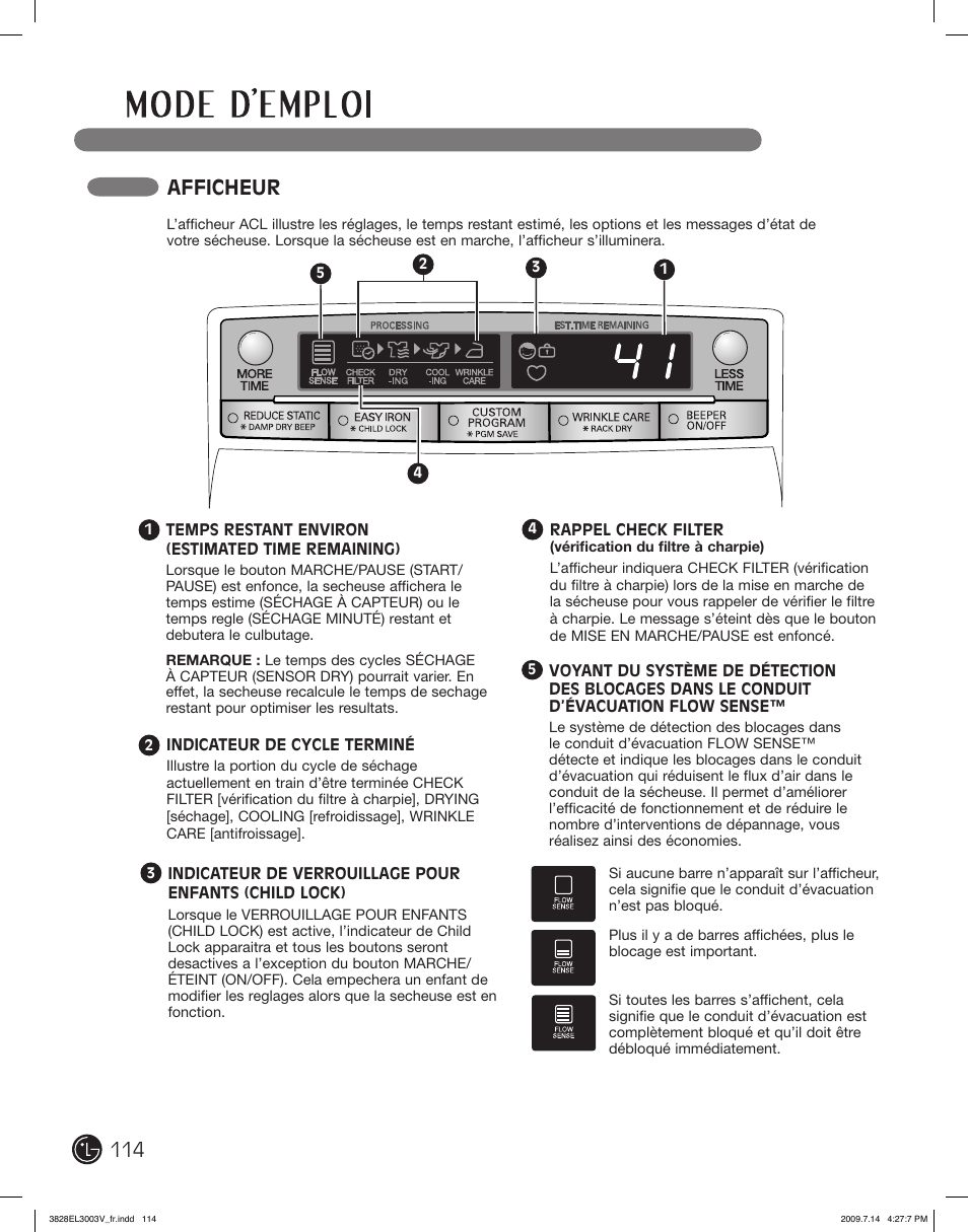 Afficheur | LG DLGX2502W User Manual | Page 114 / 134