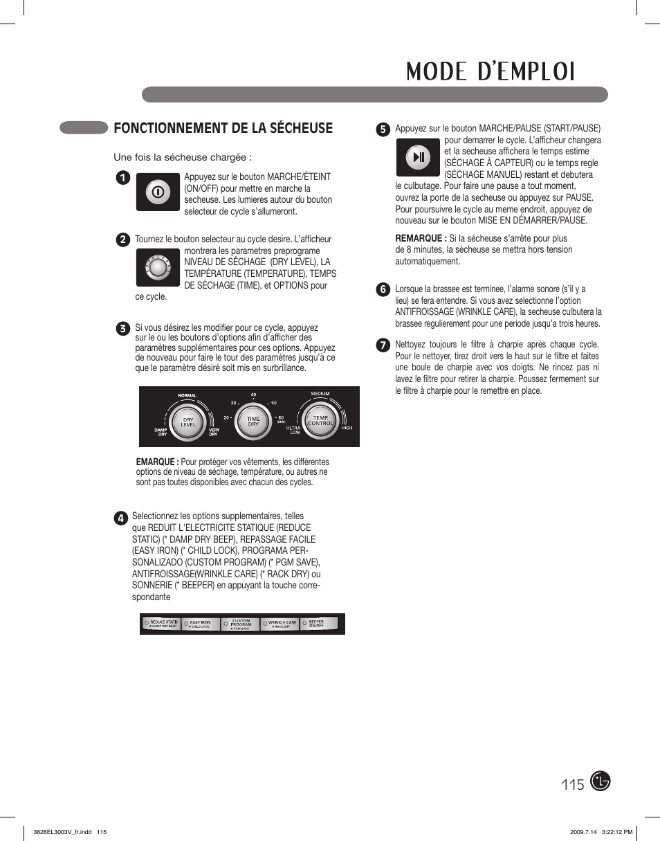 Fonctionnement de la sécheuse | LG DLGX2502W User Manual | Page 115 / 134