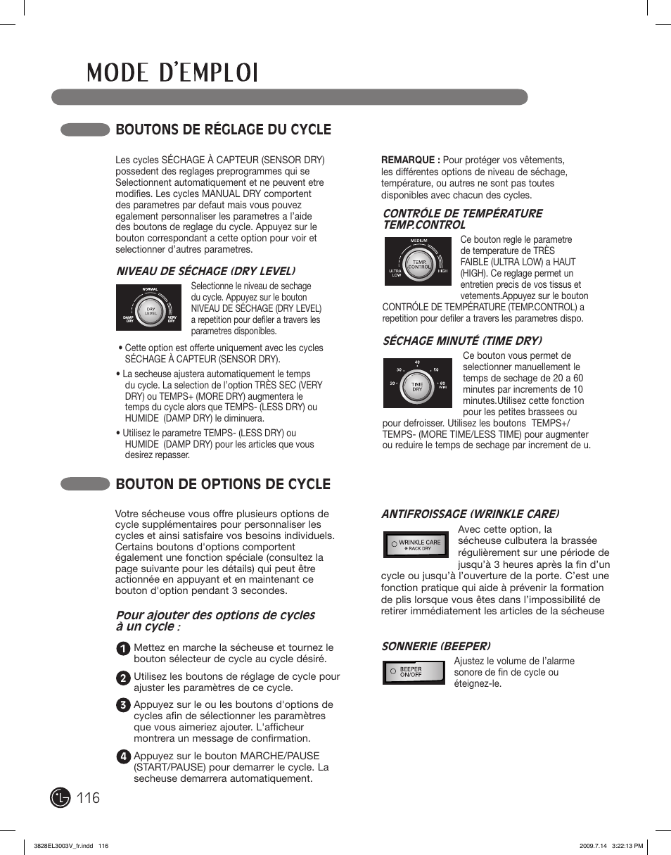 Bouton de options de cycle, Boutons de réglage du cycle | LG DLGX2502W User Manual | Page 116 / 134