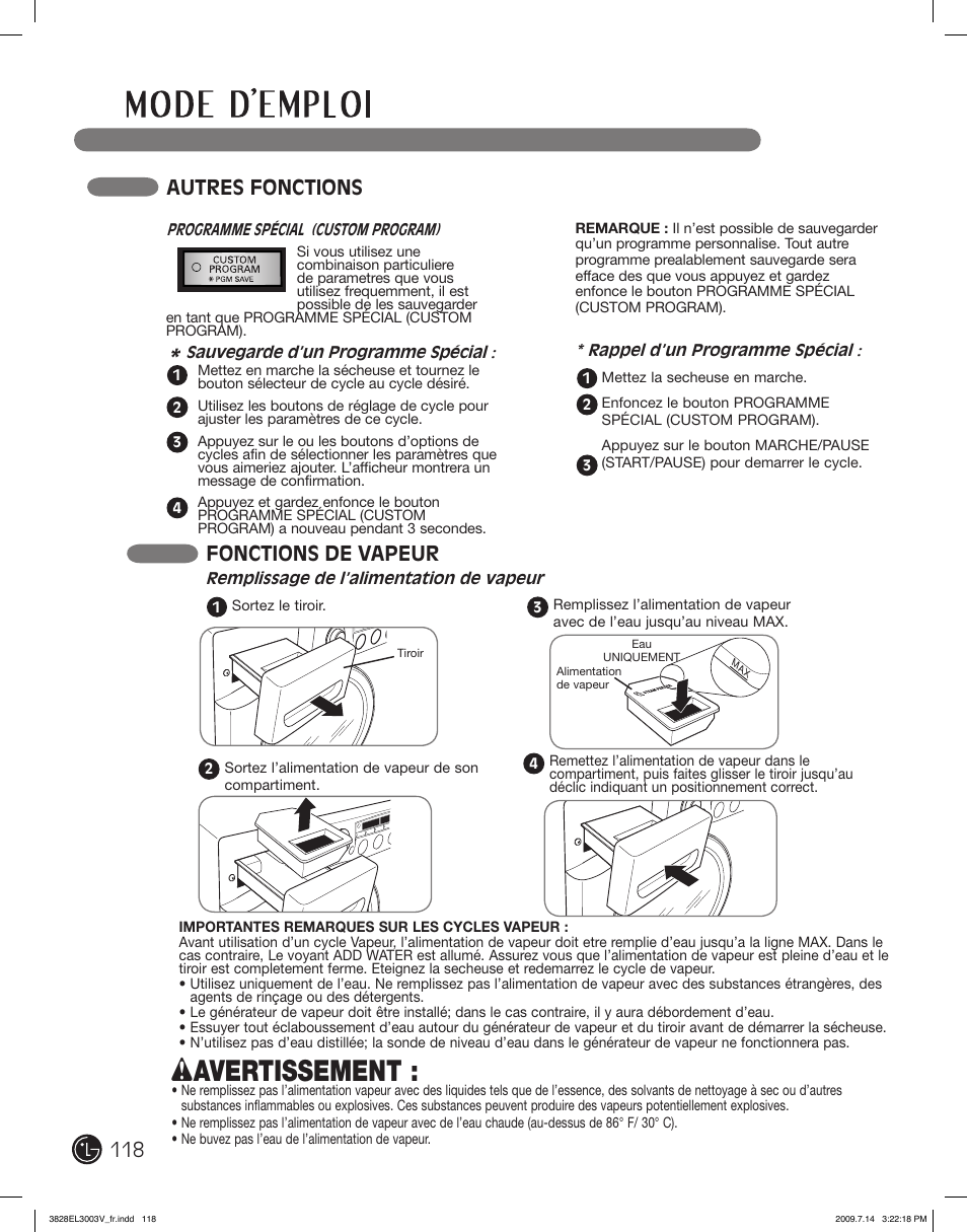 Wavertissement, Autres fonctions, Fonctions de vapeur | LG DLGX2502W User Manual | Page 118 / 134