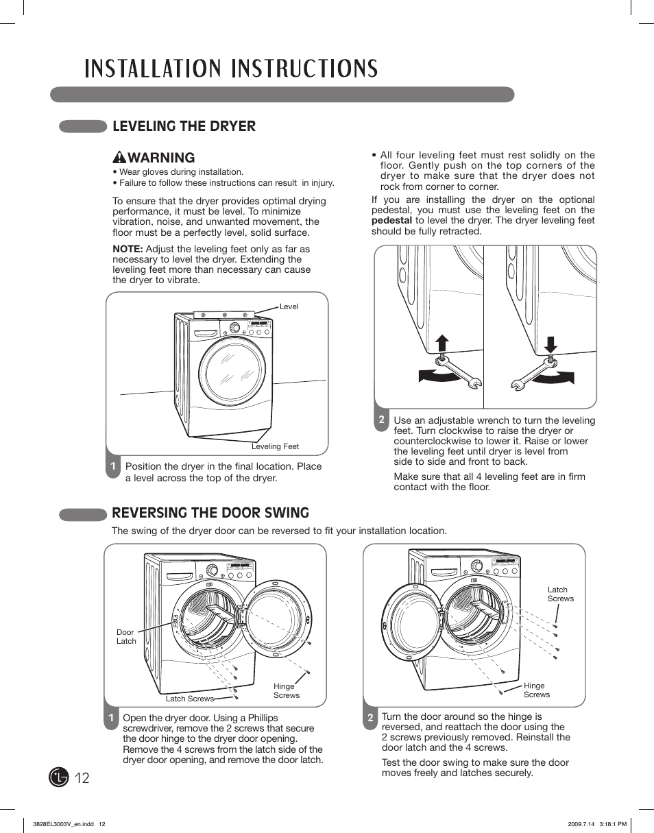 Leveling the dryer reversing the door swing, Warning | LG DLGX2502W User Manual | Page 12 / 134
