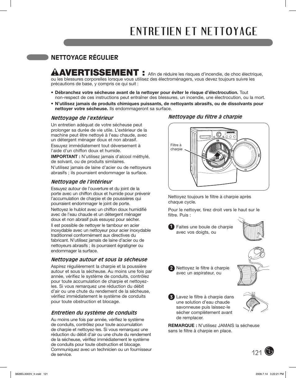 Wavertissement, Nettoyage régulier | LG DLGX2502W User Manual | Page 121 / 134