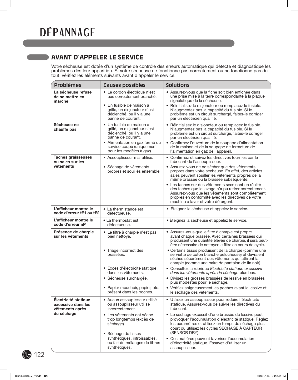Avant d’appeler le service | LG DLGX2502W User Manual | Page 122 / 134