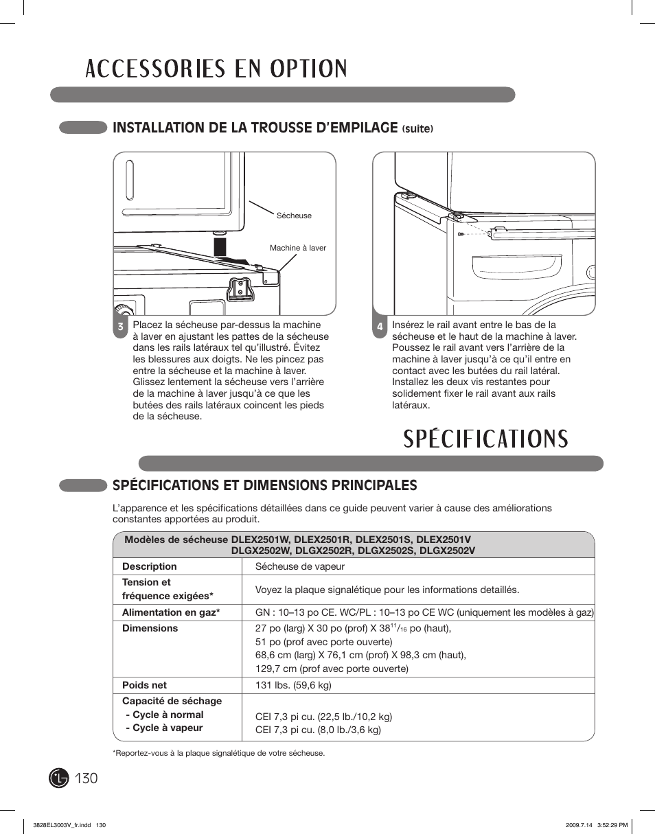 Spécifications et dimensions principales, Installation de la trousse d’empilage | LG DLGX2502W User Manual | Page 130 / 134