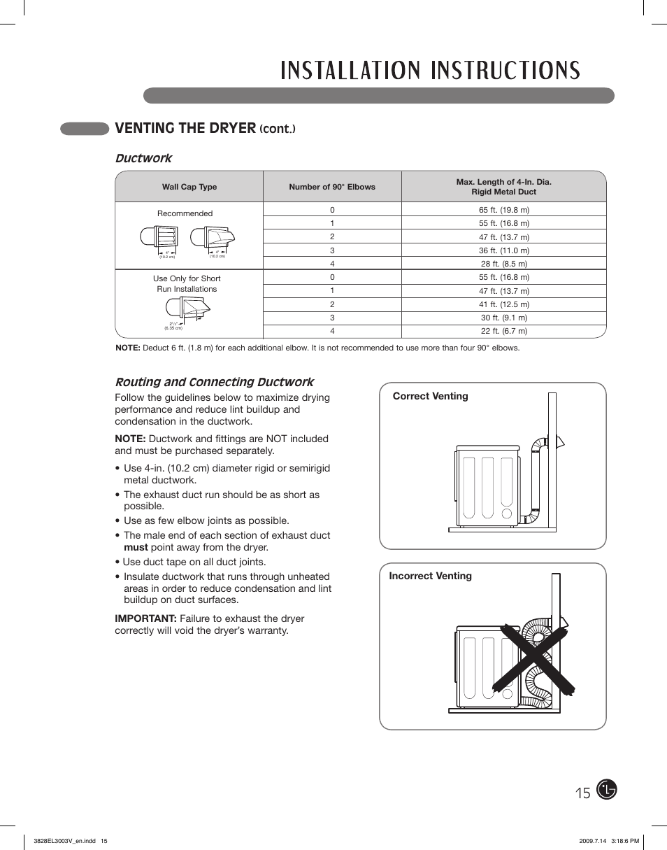 Venting the dryer, Routing and connecting ductwork, Ductwork | Cont.) | LG DLGX2502W User Manual | Page 15 / 134