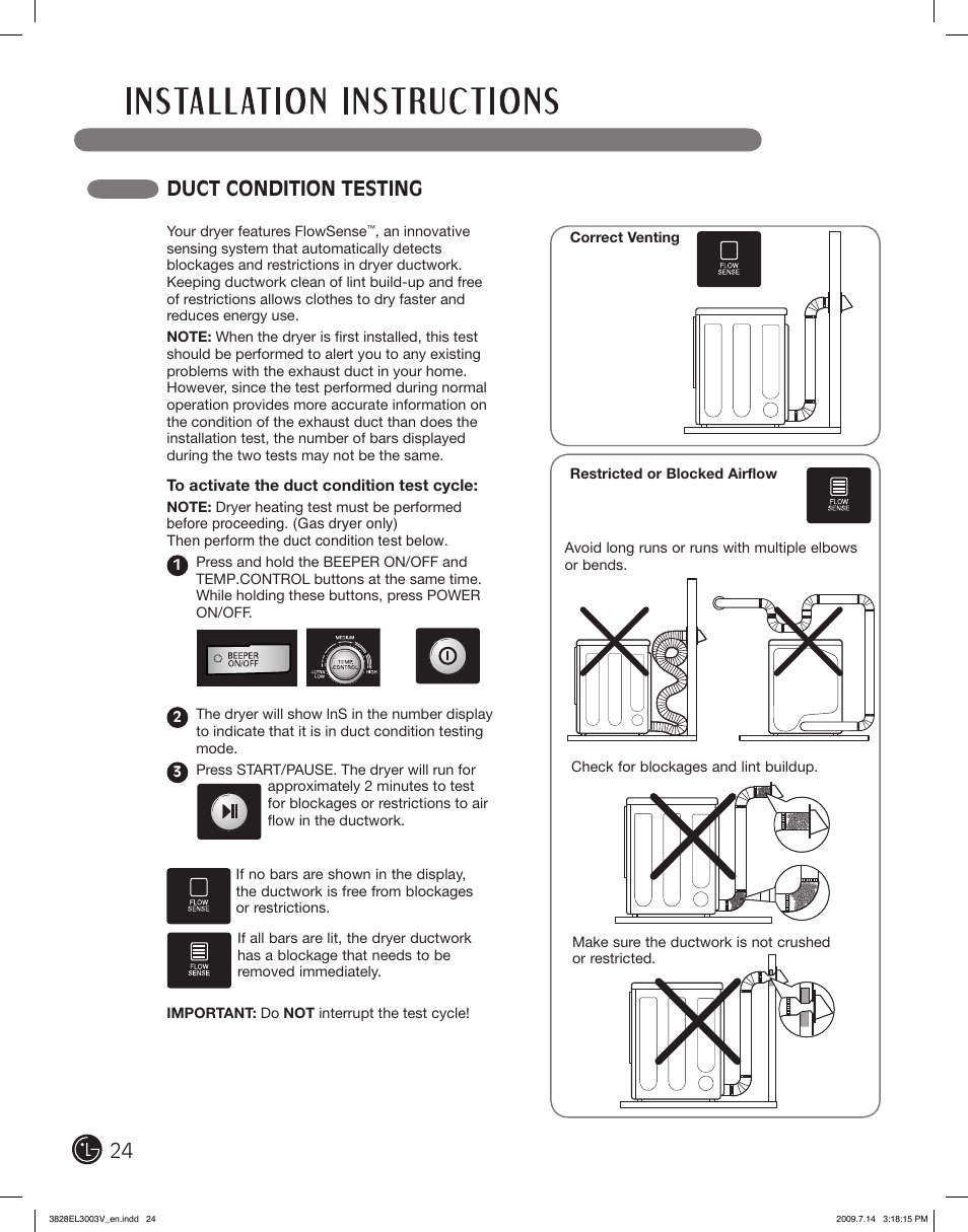 Duct condition testing | LG DLGX2502W User Manual | Page 24 / 134