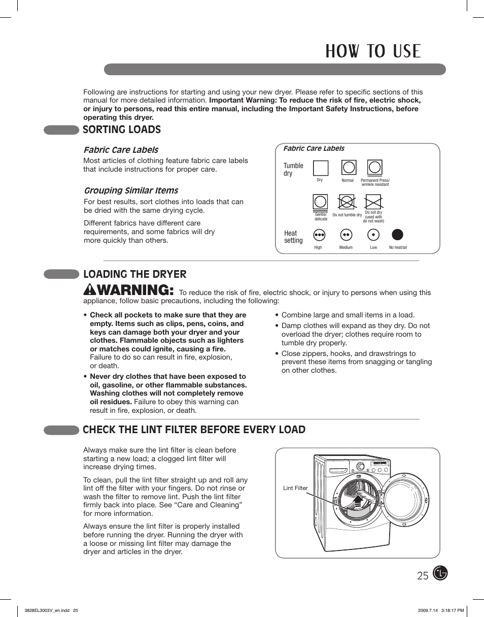 Wwarning, Sorting loads, Check the lint filter before every load | Loading the dryer | LG DLGX2502W User Manual | Page 25 / 134