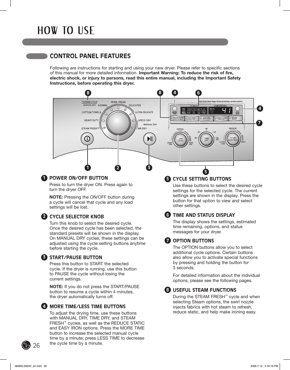 Control panel features | LG DLGX2502W User Manual | Page 26 / 134