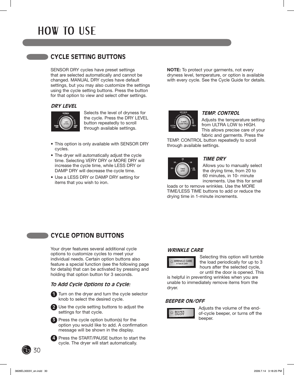 Cycle setting buttons, Cycle option buttons | LG DLGX2502W User Manual | Page 30 / 134