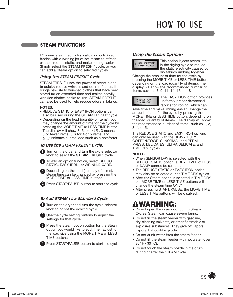 Wwarning, Steam functions | LG DLGX2502W User Manual | Page 33 / 134