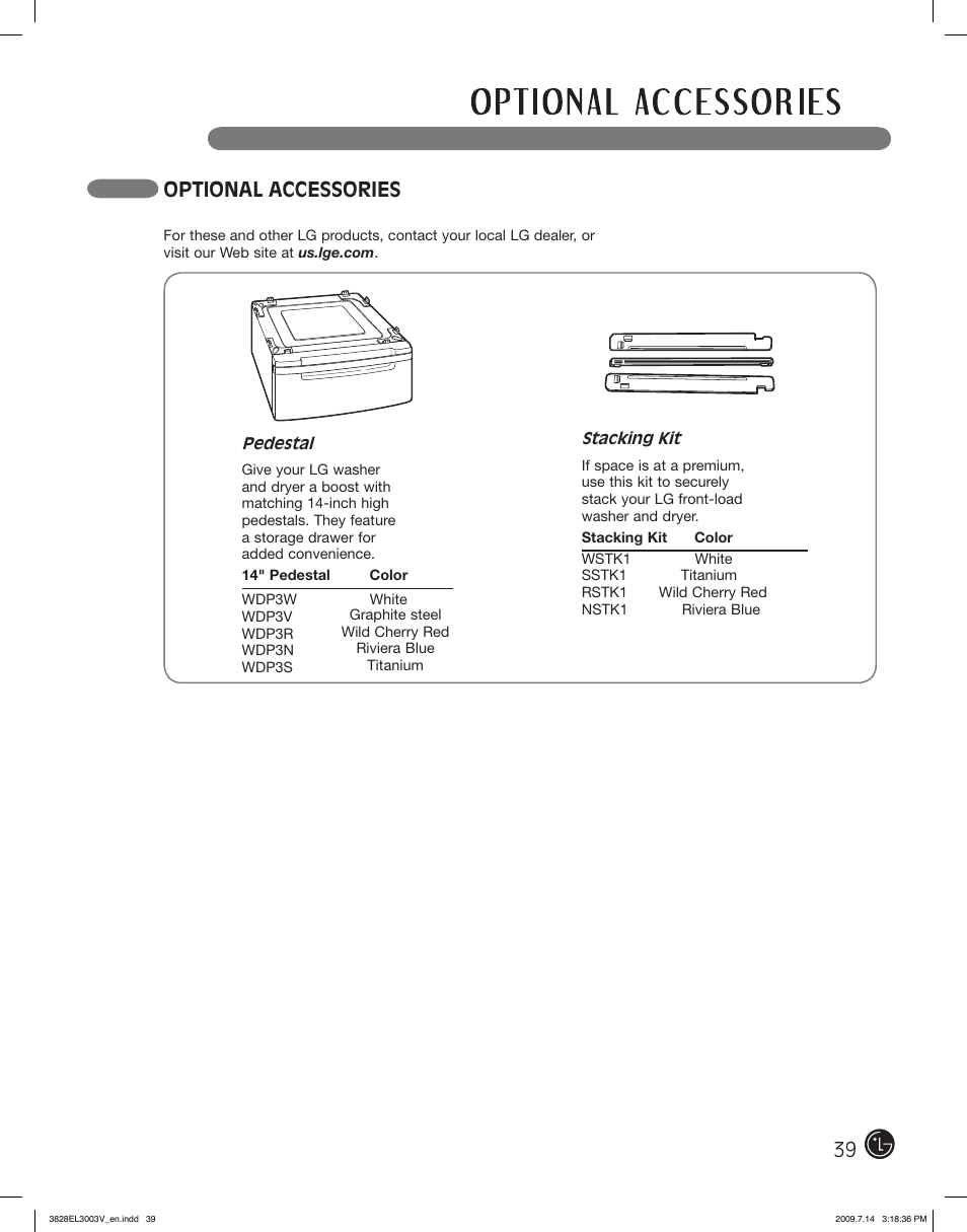 Optional accessories | LG DLGX2502W User Manual | Page 39 / 134