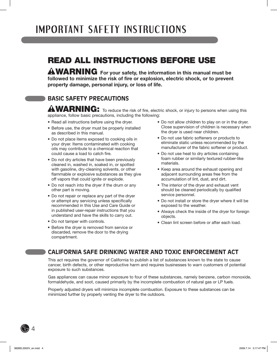 Read all instructions before use w warning, Wwarning, Basic safety precautions | LG DLGX2502W User Manual | Page 4 / 134