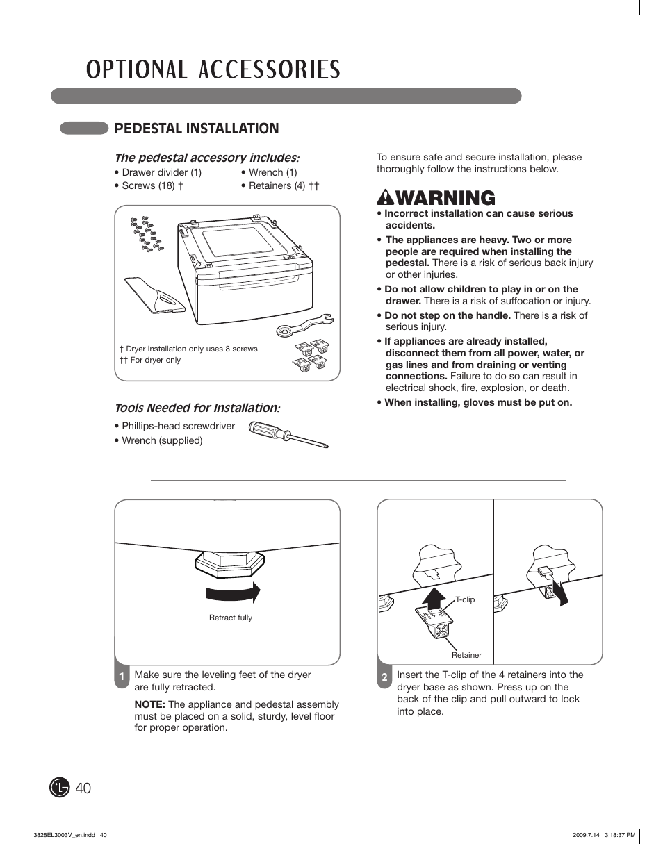 Wwarning, Pedestal installation | LG DLGX2502W User Manual | Page 40 / 134